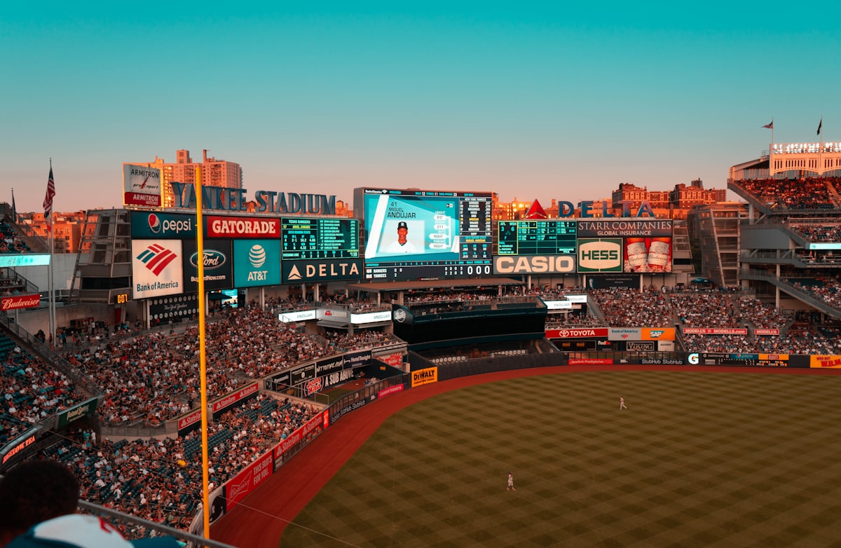 Stadium jumbotron at golden hour